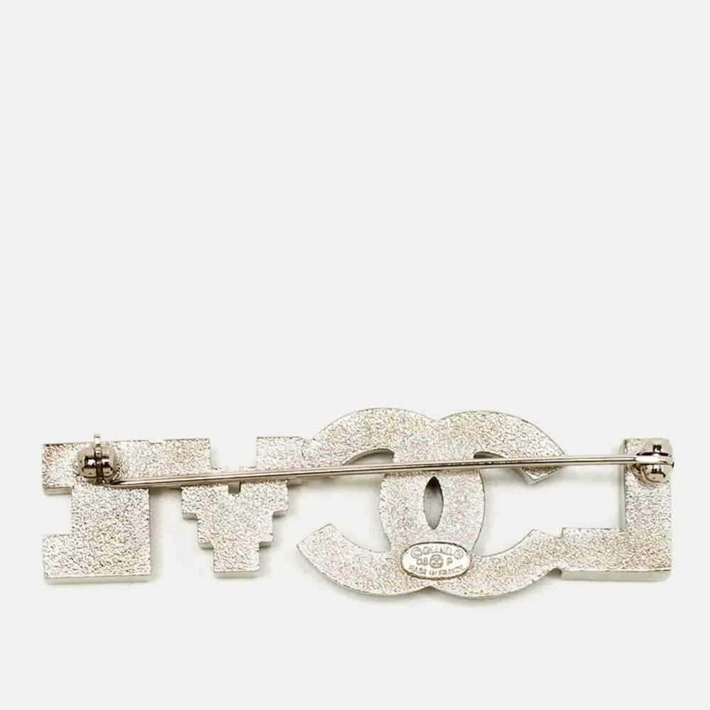 Chanel Cc Love Crystal Silver Tone Pin Brooch